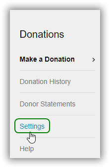 Settings navigation link in the Donations site