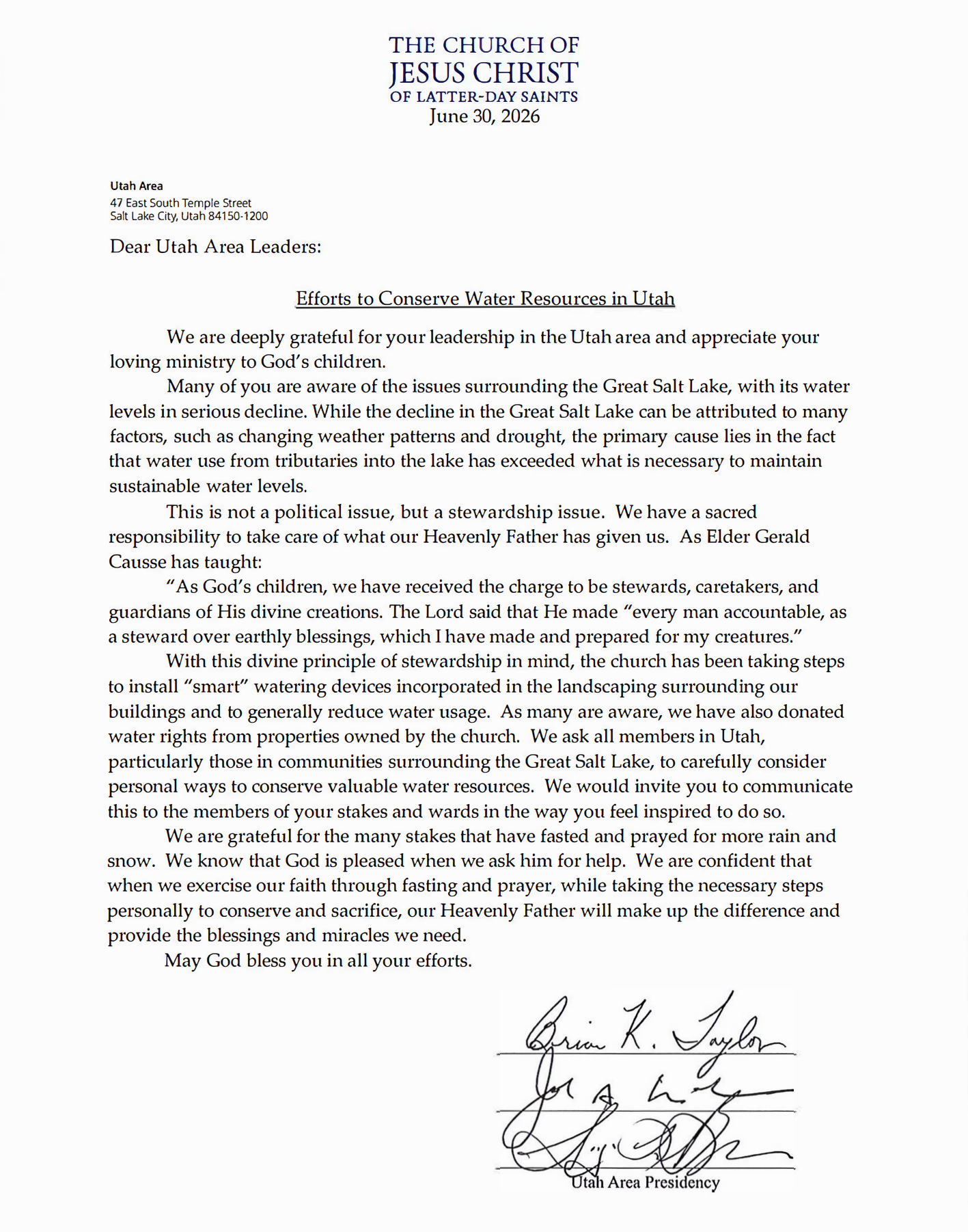 Utah Area Presidency Letter - 30 Jun 2026